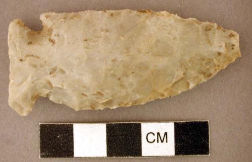 Chipped stone projectile point, side-notched, tip and base broken