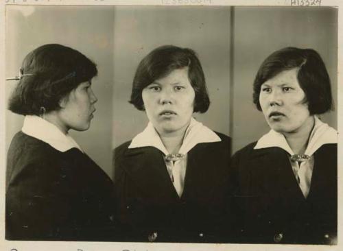 Studio portrait of a woman, three views