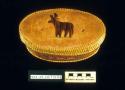 Quill-decorated birch bark basket with lid; moose motif