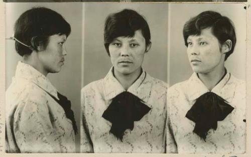 Studio portrait of a woman, three views