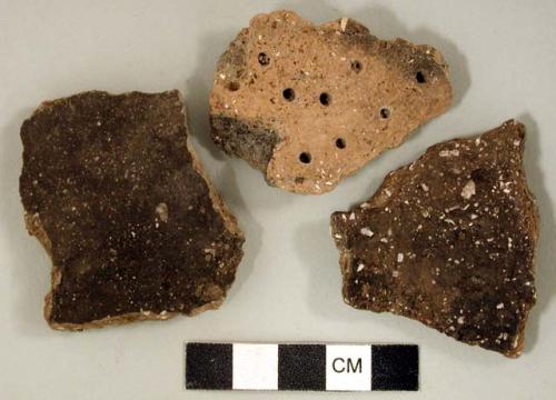 Ceramic, earthenware body sherds, two punctate, one punctate and incised, shell-tempered