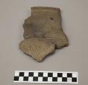 Ceramic, earthenware rim sherd, cross-mended, incised and cross-hatch incised decoration, perforated