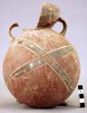 Ceramic bottle, round flattened body, flaring rim, mended
