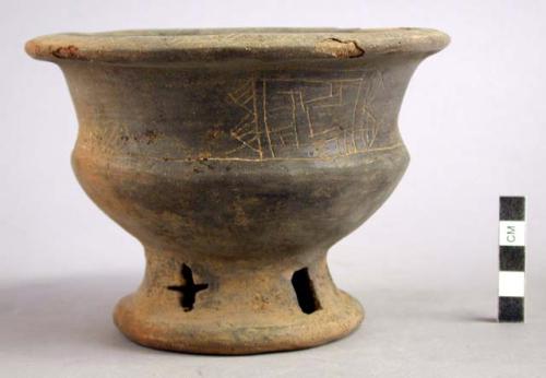 One pedestal pottery bowl, incised black ware