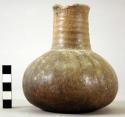 Ceramic jar, small, brown, slightly fluted, straight neck, chipped rim
