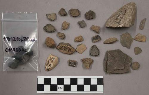 9 fragments quartz and limestone; 1 fragment white clay pipe; 17 fragments stone