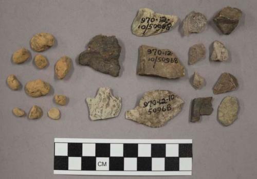 20 fragments quartz and limestone; 17 fragments stone; 1 fragments unglazed pott