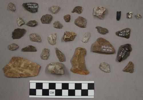 2 fragments bone; 1 piece charcoal 23 pieces quartz; 30 pieces stone; 14 pieces