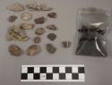 52 lithic fragments; 1 charcoal sample; 17 chipping waste; biface fragments; pot