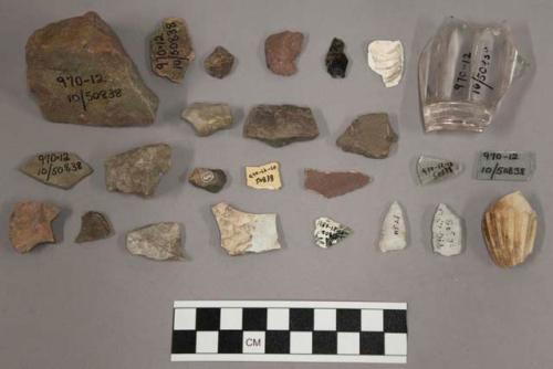 3 flat and bottle glass fragments, 7 earthenware sherds, 1 kaolin pipe bowl fragment, 2 projectile points, 1 brick fragment, 29 pieces of stone chipping debris, 1 piece mica, and 3 shell fragments