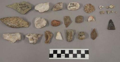 107 fragments quartz and limestone; 77 fragments stone; 1 fragment bone