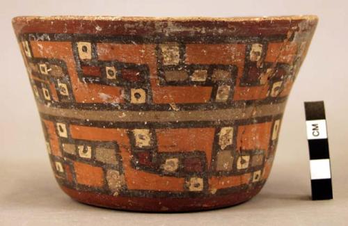 Ceramic bowl, red band interior, exterior polychrome geometric design