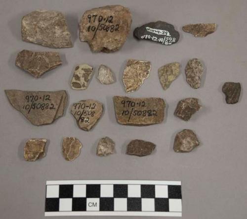 23 fragments quartz and limestone; 42 fragments stone; 1 fragment unglazed potte