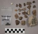 20 fragments quartz and limestone; 58 fragments stone; 1 fragment bone; frags ch