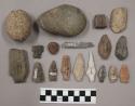 53 bifacial fragments; 3 projectile points; 1 rounded pebble; 2 hammerstones; 1