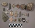 40 bifacial fragments; 3 pebbles; 1 hammerstone; 2 stone fragments