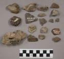 18 fragments quartz and limestone; 19 fragments stone; 2 fragments unglazed pott