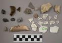 Chipping waste, quartz, coal, 14 pottery, 2 glass, pottery sherd