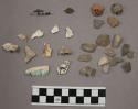 5 fragments quartz and limestone; 4 fragments unglazed pottery; 3 fragments glaz
