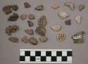 9 fragments quartz and limestone; 14 fragments stone; 17 fragments unglazed pott