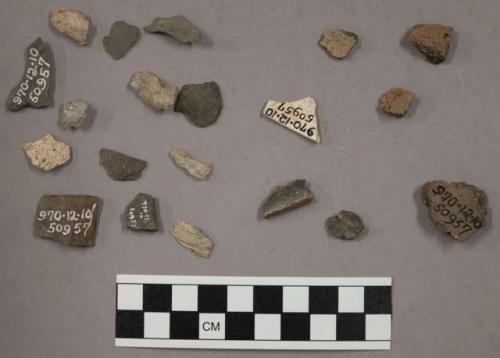 9 fragments quartz and limestone; 14 fragments stone; 7 fragments unglazed potte