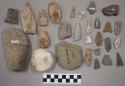 52 bifacial fragments; fragments from flat stone; fragment, limestone rock; 1 me