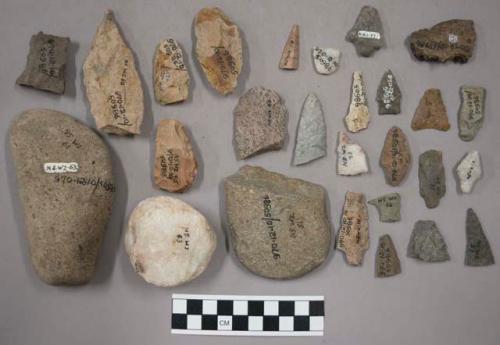 52 bifacial fragments; fragments from flat stone; fragment, limestone rock; 1 me