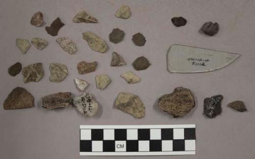 Chiping waste, quartz, charcoal, historic glass fragment, pottery sherds