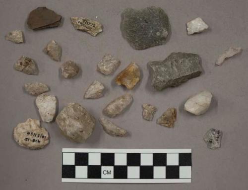 5 quartz, chert; 37 lithic fragments; 1 point base?; chipping waste