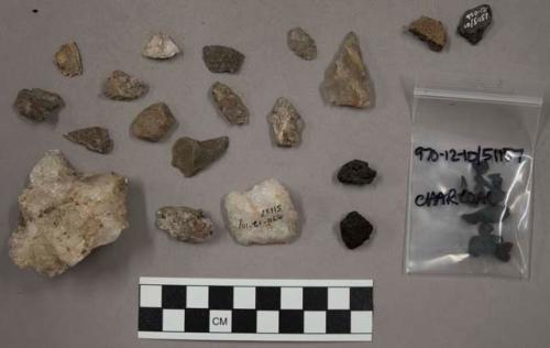 25 fragments quartz and limestone; 17 flakes stone; 12 fragments charcoal; 2 fra