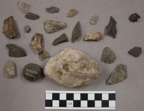 24 quartz; 55 stone; biface fragment; stone tool