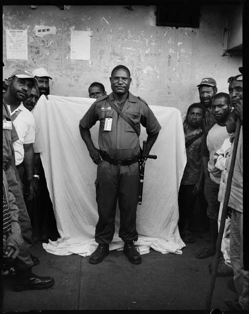 B/W image: Security officer, Mount Hagen, Western Highlands