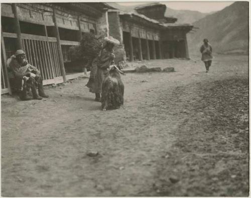 Tibetans outside with goat