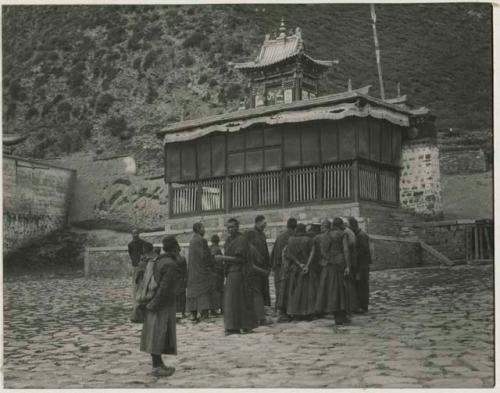 Group of lamas standing outside temple