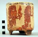 Yojoa polychrome pottery vase, 3-footed, human figures looking at themselves in