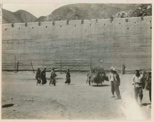 People and yaks walking on a street next to a crenellated wall