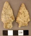Chipped stone projectile points, one is stemmed, one is bifurcate with broken ba