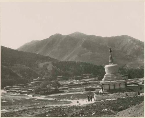 View of white stupa and surrounding structures, Labrang, Tibet