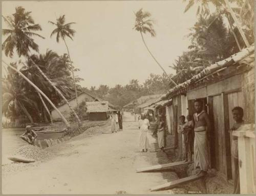 Roadside scene of people and small houses by a shore