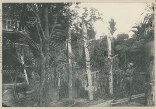 Boy looking at wooden posts with faces carved in them, erected in front of a house