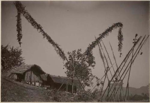 Pole structures in front of building