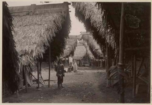 People in alleyway between buildings with thatched roofs