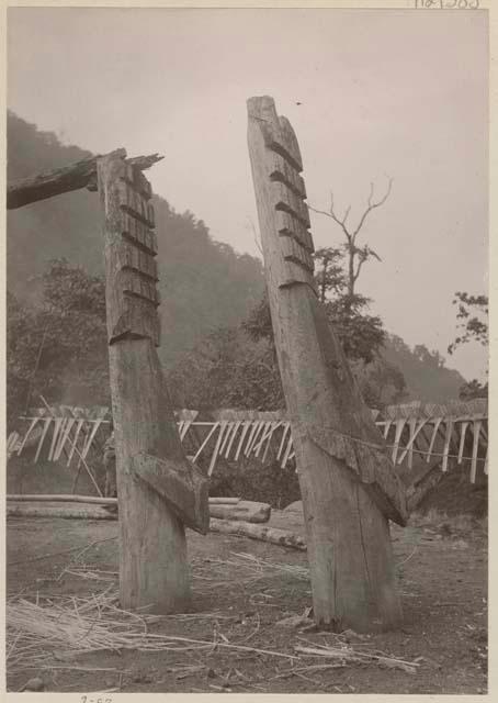 Two carved wooden posts