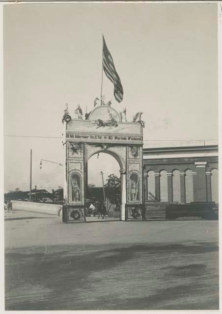 Decorative archway with American flag