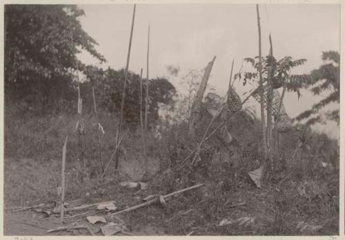 Wooden poles and baskets in wooded area