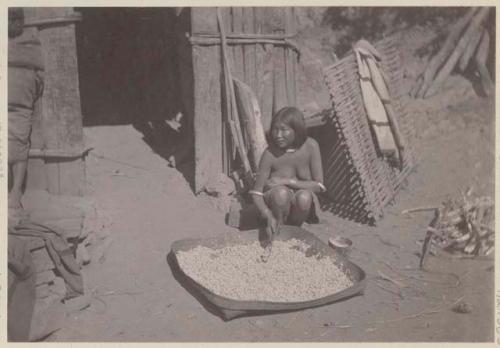 Woman mixing large platter of mash