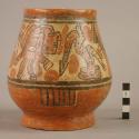 Polychrome jar low ring base vessel with white background, red and black figures