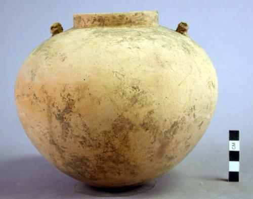 San Miguel-Tarrago Bisquit rounded-bottom pottery vessel with small adorno handles, possibly frogs