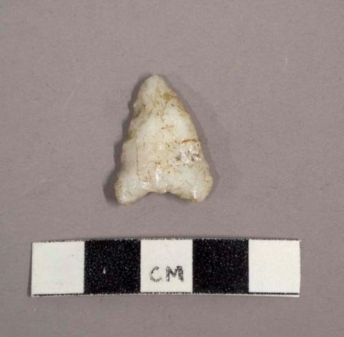 Chipped stone, basal-notched quartz projectile point