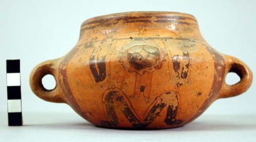 Four-handled Yojoa polychrome pottery pot, bold anamalistic style.